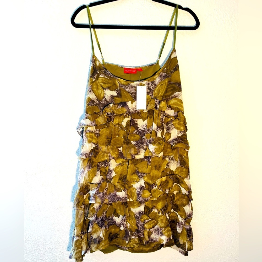 New York & Company Green Tiered Ruffle Romantic Silk Dress NWT Size L